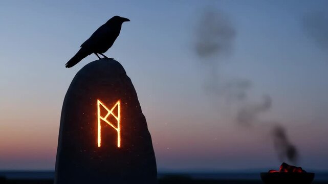 Raven Perched on Rune Stone at Dusk - A silhouette of a raven sits atop a stone engraved with a glowing rune symbol.