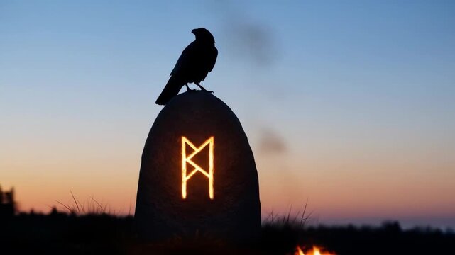 Raven on Mystical Rune Stone at Sunset - A silhouetted raven perches atop a stone engraved with a glowing rune symbol at sunset.
