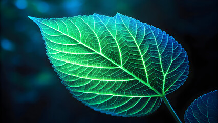 Abstract digital leaf glowing in green and blue tones