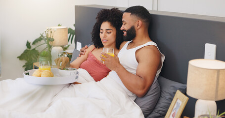 Couple, relax and breakfast in bed with love, honeymoon trip or smile for room service in hotel....