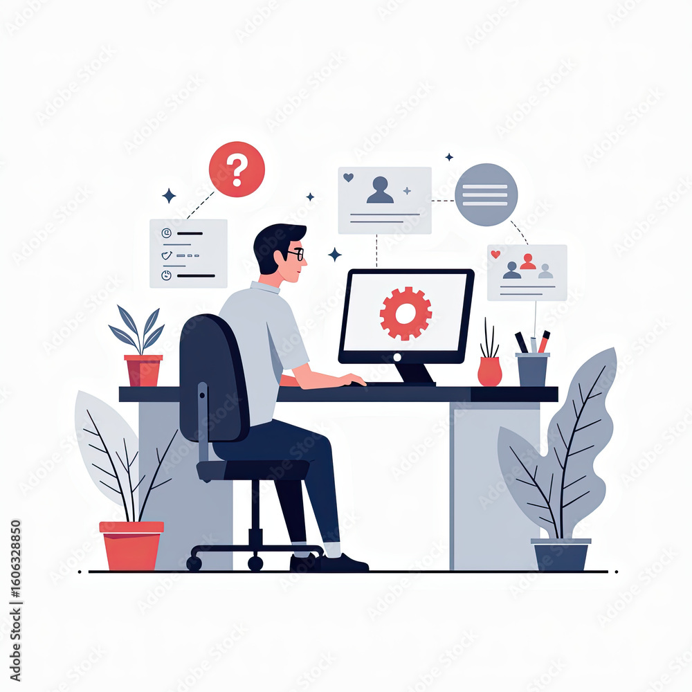 Poster man working at computer planning and problem-solving