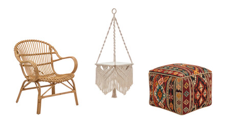 Obraz premium Bohemian decor set with rattan armchair, macrame plant hanger, and patterned pouf on transparent background