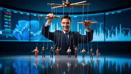 Businessman Controlling Puppets: Market Manipulation Metaphor - Powered by Adobe