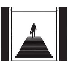 Silhouette Man Walking Up Staircase to Success