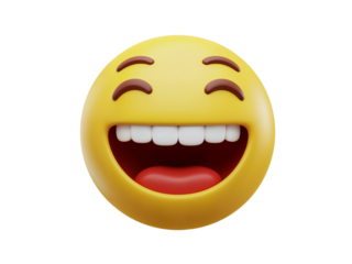 Hilarious laughing emoji with wide open mouth and closed eyes expressing extreme joy and amusement isolated on transparent background