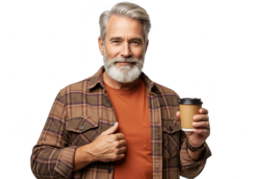 A smiling distinguished senior man with a grey beard and hair wearing a plaid shirt holding a disposable coffee cup isolated on transparent background