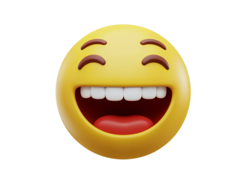 Hilarious laughing emoji with wide open mouth and closed eyes expressing extreme joy and amusement isolated on transparent background