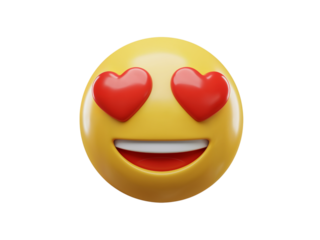 A cheerful yellow emoji face with bright red heart shaped eyes and a wide open mouth showing teeth isolated on transparent background
