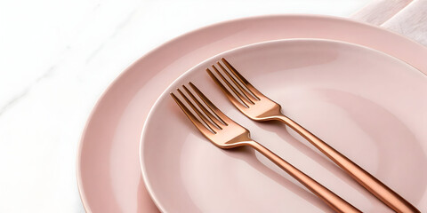 Rose gold forks on pink ceramic plate flatlay