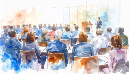 Business Conference: Watercolor Illustration of Attentive Audience Listening to a Speaker