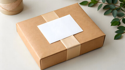 Kraft paper gift box and blank card mockup with twine