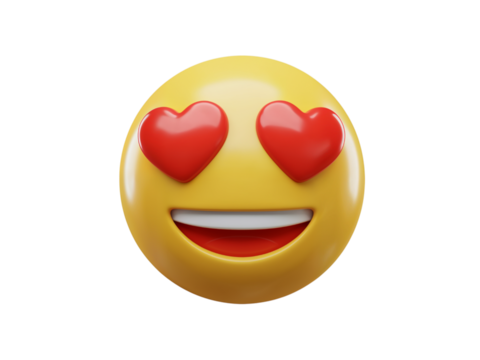 A cheerful yellow emoji face with bright red heart shaped eyes and a wide open mouth showing teeth isolated on transparent background