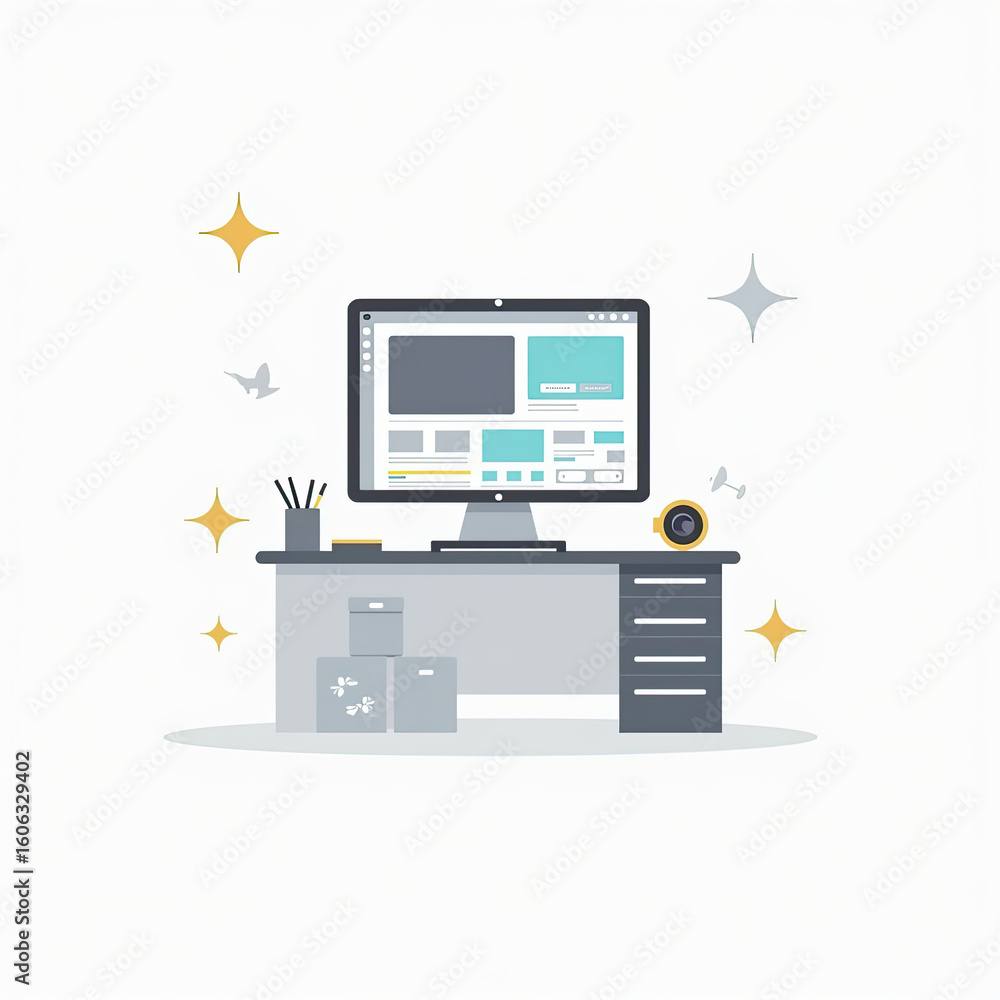 Poster modern workspace with computer and desk