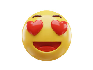 Fototapeta premium Happy yellow emoji face with heart shaped eyes and wide open mouth showing love and affection isolated on transparent background