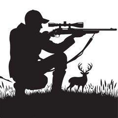 Hunter Aiming Rifle at Deer Silhouette in a Grassy Field