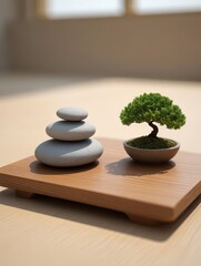 Serene Zen Garden Arrangement: A minimalist composition features a balanced stack of smooth gray stones and a miniature bonsai tree in a small pot, evoking tranquility and harmony.