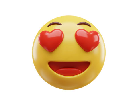 Happy yellow emoji face with heart shaped eyes and wide open mouth showing love and affection isolated on transparent background