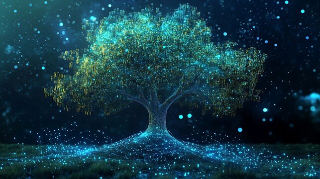 Stylized network tree growing digital data leaves