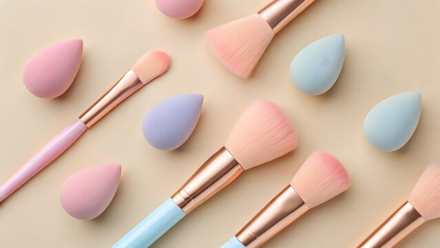 Pastel makeup brushes and sponges on beige background