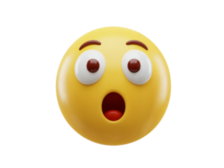 A bright yellow emoji face with wide open eyes and mouth expressing surprise and shock isolated on transparent background