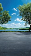 Fototapeta premium Paved Area Overlooking River and Hillside