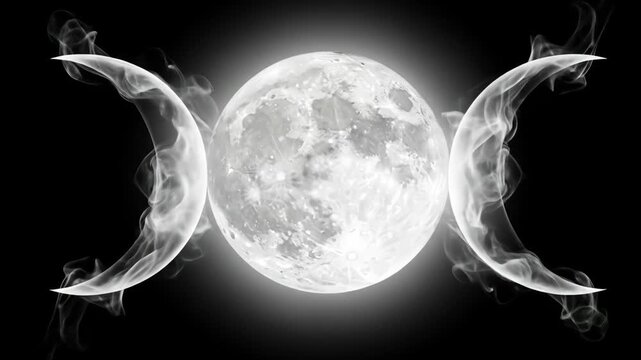Triple Moon Goddess Symbol with Smoke - A full moon is centered, flanked by two crescent moons formed from ethereal smoke, creating a Triple Moon Goddess symbol against a black background.