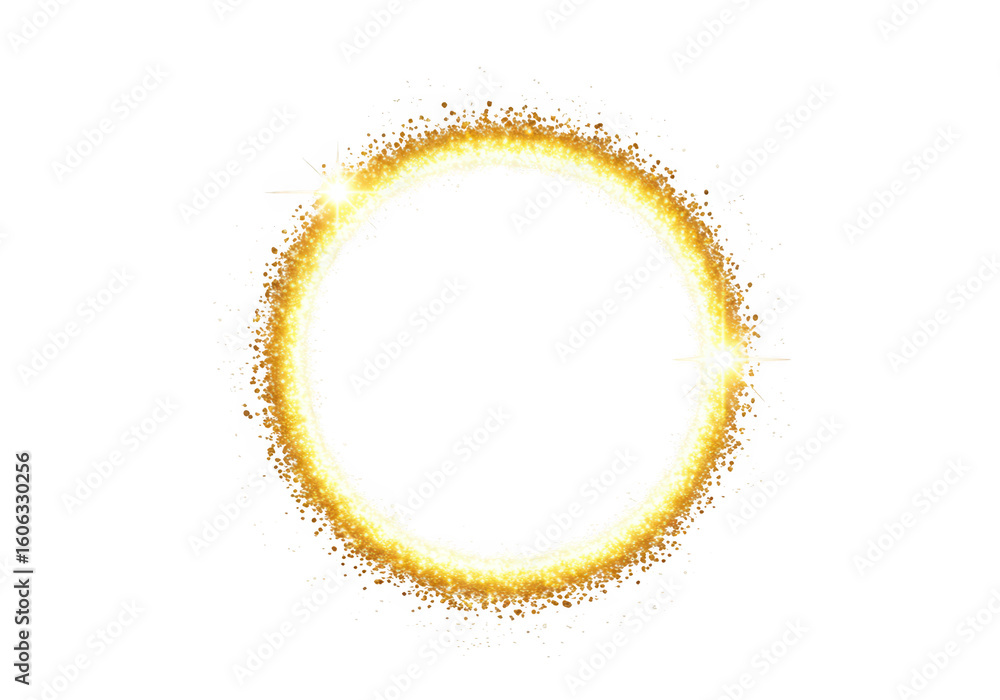 Poster a bright glowing golden circle with a sparkling textured border and lens flares on a transparent bac