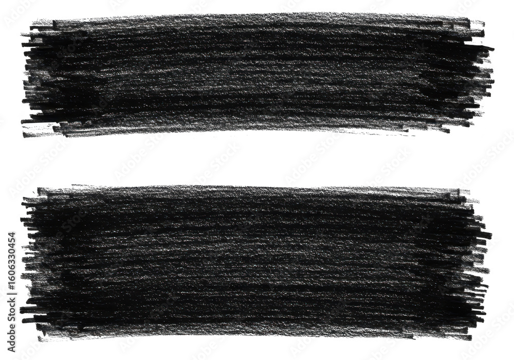 Poster two horizontal black brush stroke banners with a textured scribbled effect on a transparent backgrou