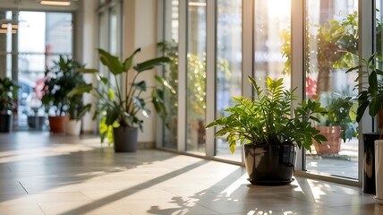 Lush green potted plants in a sunlit hallway with large windows image