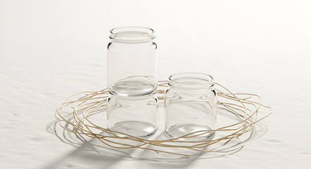 Three clear glass jars nested on a light beige surface, encircled by a light tan wicker wreath