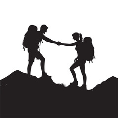 Couple Hiking Together Silhouette: Adventure and Teamwork
