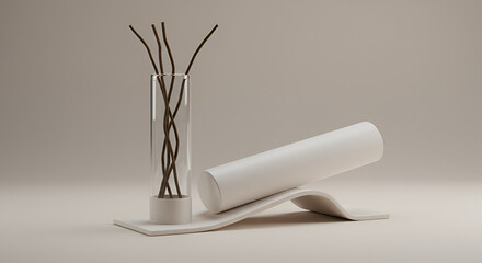 Minimalist display with a glass vase and sticks