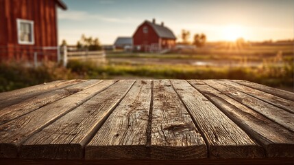 Rustic Wooden Table with Blurred Background of Rural Landscape and Red Barns