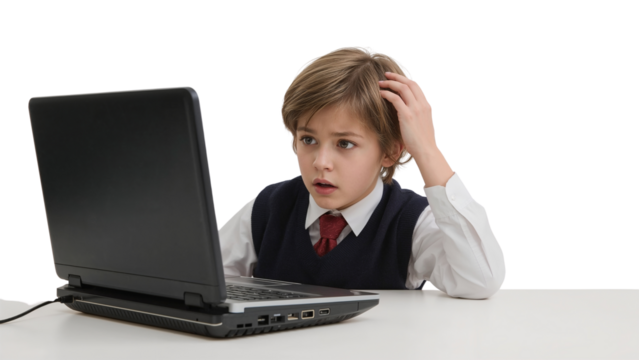 Distressed schoolboy stares at laptop screen with a transparent isolated design for composite use