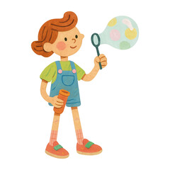 PNG Child blowing colorful bubble outdoors.