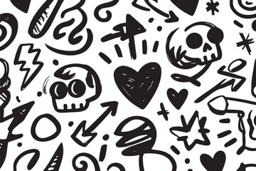 Urban graffiti doodle pattern with hearts and skulls.