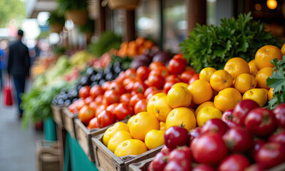 Vibrant outdoor market stall overflowing with fresh produce.