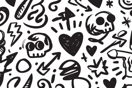 Urban graffiti doodle pattern with hearts and skulls.