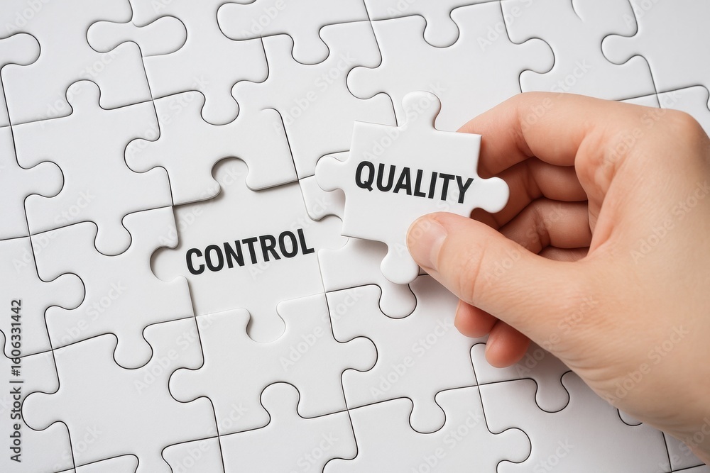 Poster quality control: close-up of a hand strategically positioning a puzzle piece with the word quality t