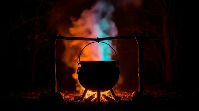 Mystical Cauldron Brewing over Campfire at Night - A black cauldron hangs over a crackling campfire, emitting colorful smoke in a dark forest setting.