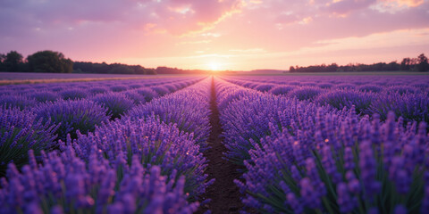 Obraz premium Vast lavender field under a pastel sunset for floral and aromatherapy themes. A sprawling lavender field stretches to the horizon