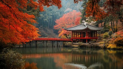 Tranquil scene of a traditional Japanese pagoda in a serene garden, surrounded by vibrant red and orange autumn foliage
