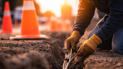 Naklejka premium Construction worker using tools to repair underground utilities near traffic cones at sunset
