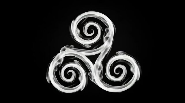 Abstract Triskele Smoke Design - A stylized triskele symbol is depicted, formed by three interconnected spirals of white smoke against a black background.