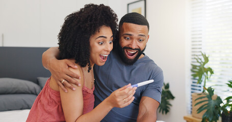 Surprise, couple and hug with pregnancy test at house of positive result, good news and IVF...