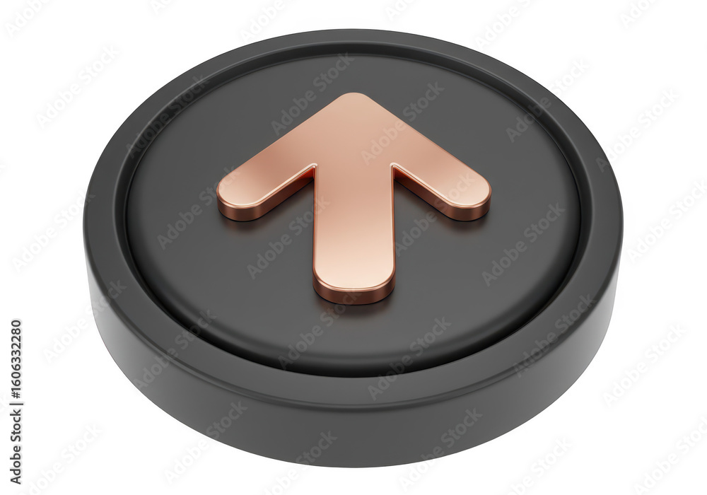 Poster 3d rendered dark gray circular button with a copper arrow pointing upwards isolated on a transparent