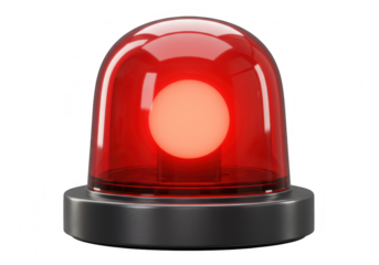 Bright red siren warning light with glass dome and metal base emitting a strong glow isolated on white isolated on transparent background