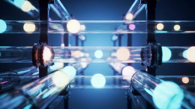 A network of clear tubes with glowing spheres floating through, set against a dark blue background