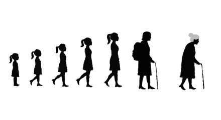 Girl Growing Up Silhouette &ndash; From Child to Elder Woman &ndash; Vector on White"
