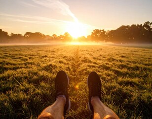 Fototapeta premium Tranquil Sunrise Persons Perspective in Dewy Field with Fog and Golden Light.
